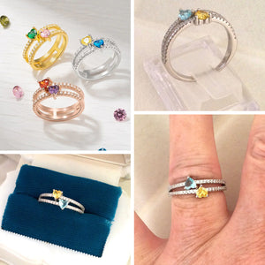 Delicate Double Heart Birthstone Personalized Ring, Gift For Mom Grandma