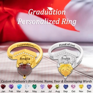 Graduation Cap Heart Birthstone Engraved Name Text Personalized Ring, Gift for Women Graduates