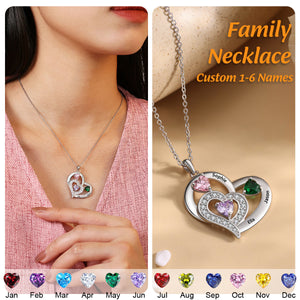 Heart Pendant Custom Birthstone Engraving 1-6 Names Necklace, Gift For Mom Grandma