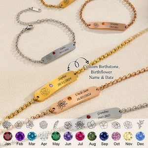 Custom Birthflower Birthstone Name Bar Personalized Bracelet, Memorial Gift