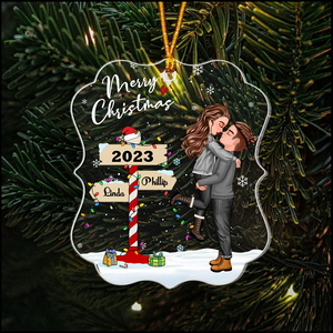 Winter Couple Hugging Kissing In The Snow Personalized Acrylic Christmas Ornament