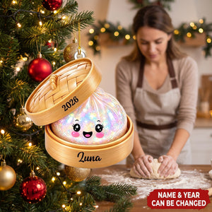 Personalized Glitter Dumpling Ornament, Bamboo Steamer, 2026 Christmas Keepsake