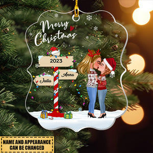 Christmas Couple Kissing With Light String In The Snow- Personalized Acrylic Ornament