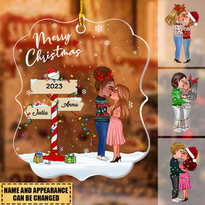 Christmas Couple Kissing With Light String In The Snow- Personalized Acrylic Ornament