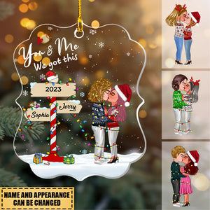 Christmas Couple Kissing With Light String In The Snow- Personalized Acrylic Ornament