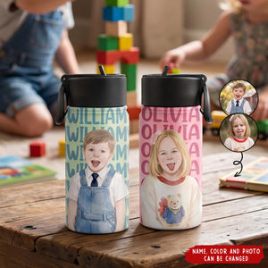 Custom Photo Realistic Watercolor Art Adorable Kid With Name - Personalized Kids Water Bottle