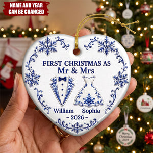 Custom First Christmas Ceramic Ornament - Personalized Anniversary Christmas Wedding Gifts For Husband And Wife, Him And Her - Our Love Story Starts Here