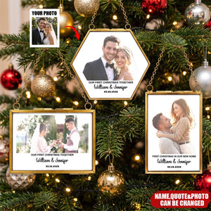 Our First Christmas Couple - Personalized Custom Photo Watercolor Metal Frame Ornament