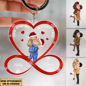 Christmas Doll Couple Hugging Kissing Infinity Heart Personalized Keychain