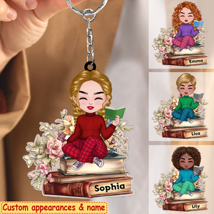 Book Lovers - Reading Girls Sitting On Books - Personalized Arcylic Keychain