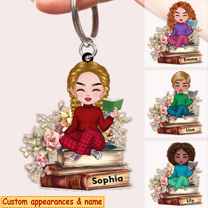 Book Lovers - Reading Girls Sitting On Books - Personalized Arcylic Keychain