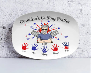 Personalized Daddy's Grilling Platter Handprints, Happy Independence Day Plate, 4th Of July , Custom Platter for Grandpa Dad