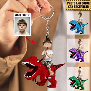 Personalized Cute Kid Rides The Dinosaurus Acrylic Keychain