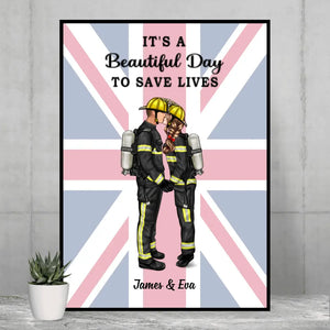 She Saves Lives and He Rescues Them Great Britain Flag - Personalized Poster, Couple Portrait, Firefighter, EMS, Nurse, Police Officer, Military Gifts