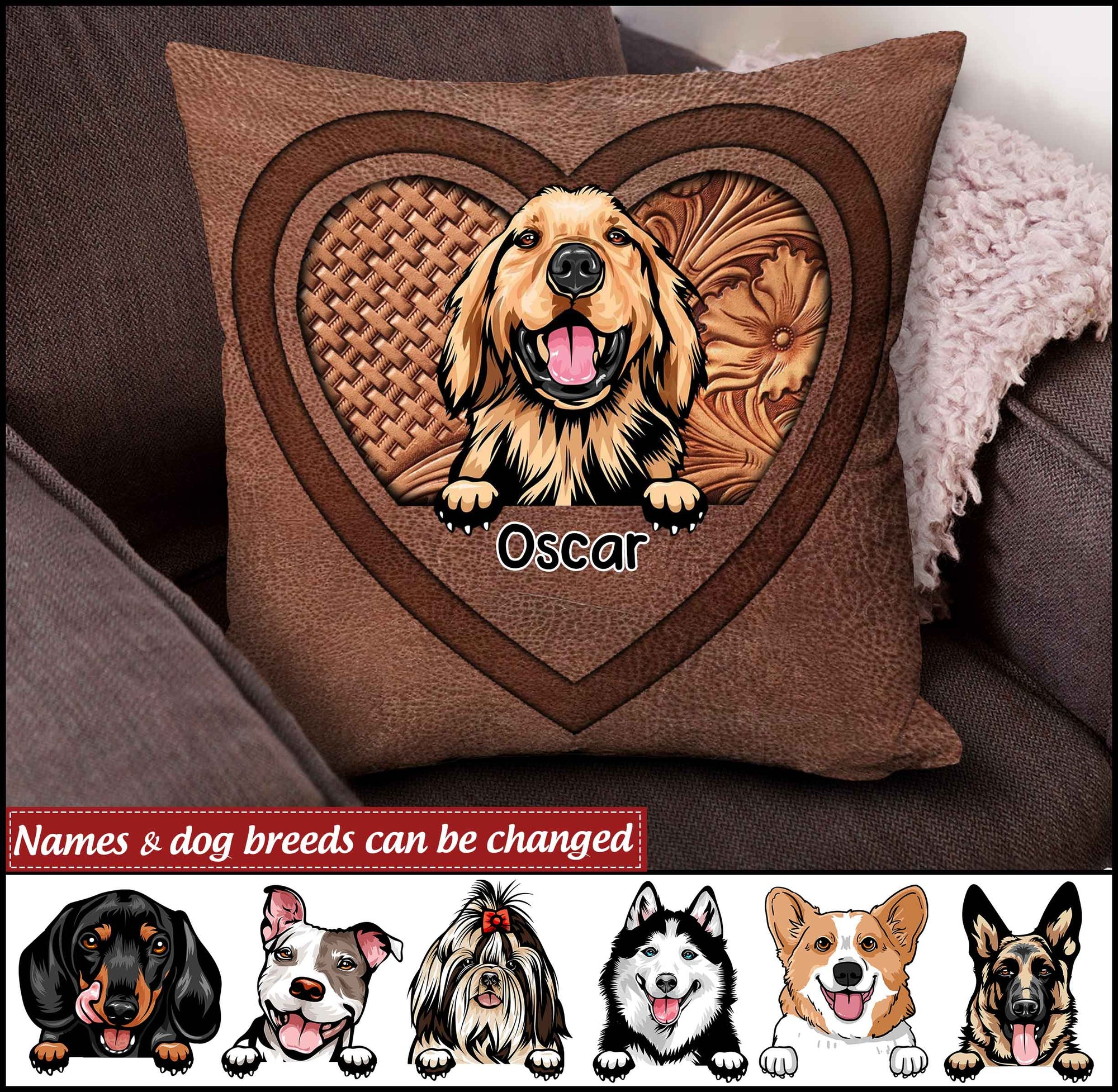 Custom Dogs Heart Imitation Leather Printing Personalized Pillowcase