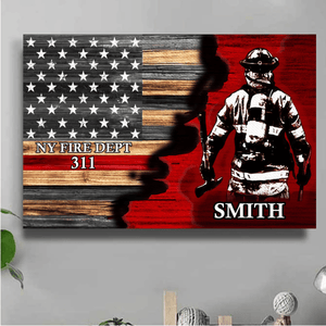 Half Thin Red Line Bunker Gear With Unit Number & Name, Personalized Firefighter Poster