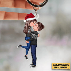Winter Christmas Couple Kissing Hugging Personalized Keychain