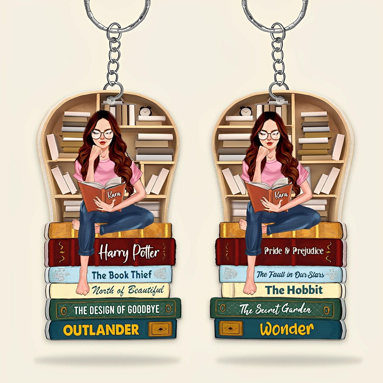 Reading Girl On Bookshelf, Personalized Keychain With Custom Book Titles