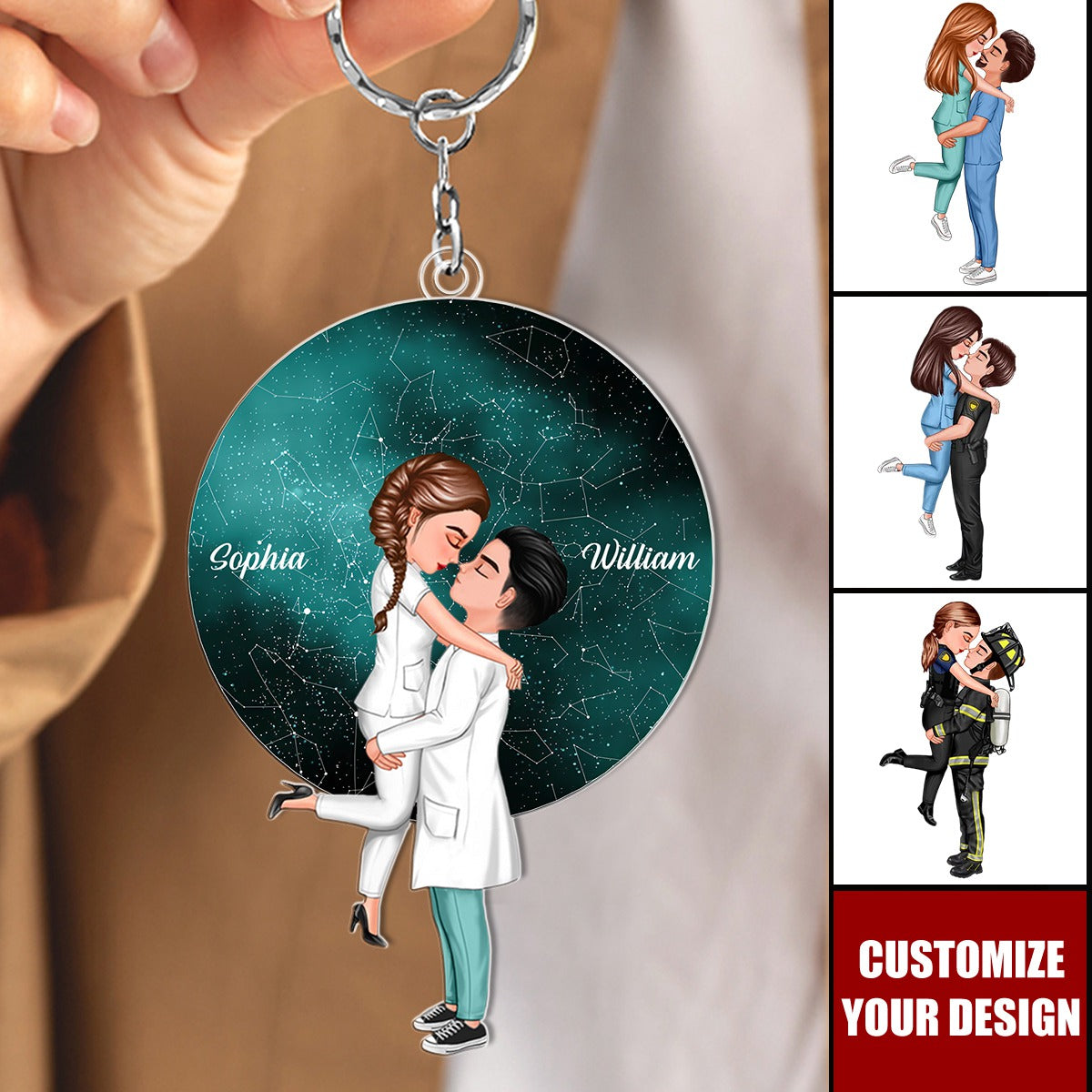 Doll Couple Hugging Kissing Under These Stars Personalized Acrylic Keychain