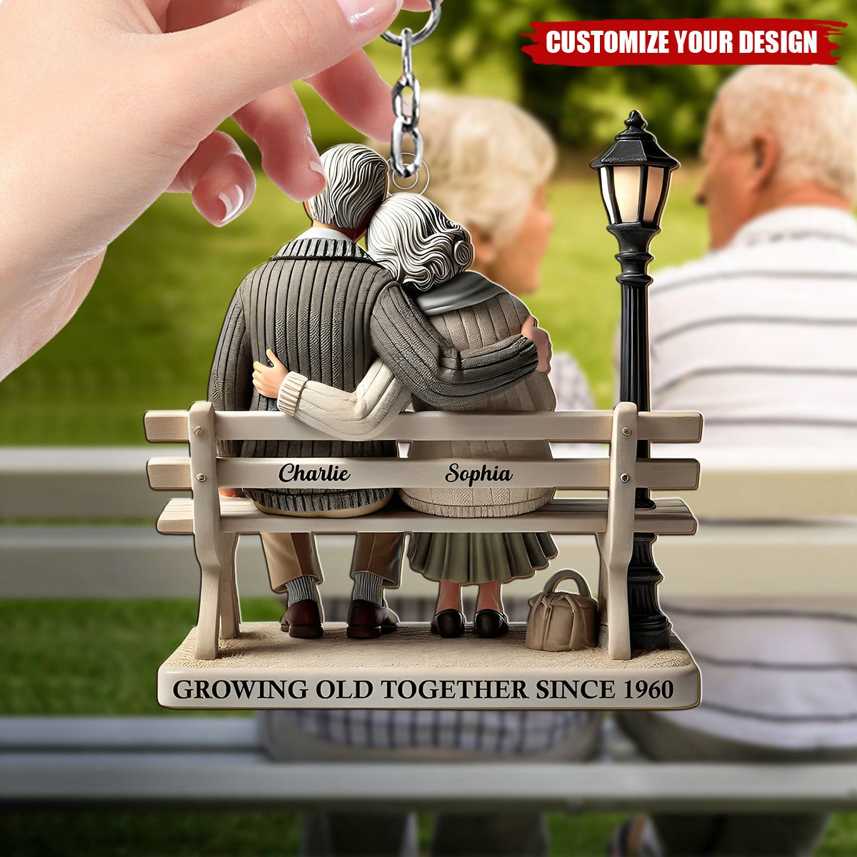 Old Couple Sitting On Bench At The Park Personalized Acrylic Keychain