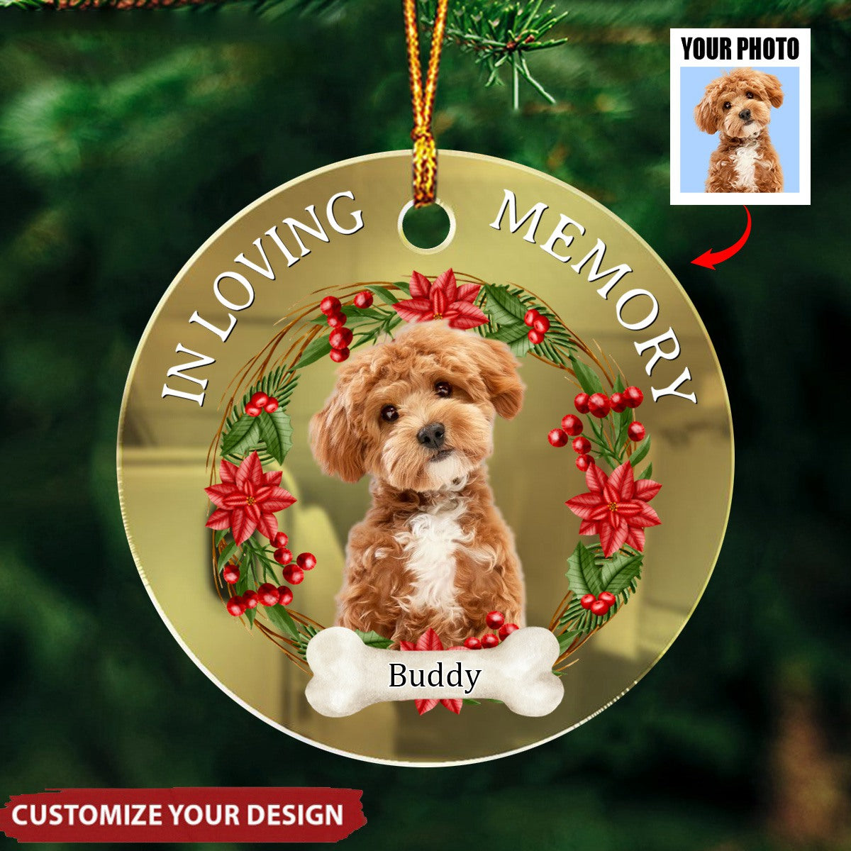 Custom Dog Photo In Loving Memory Mirrored Acrylic Ornament