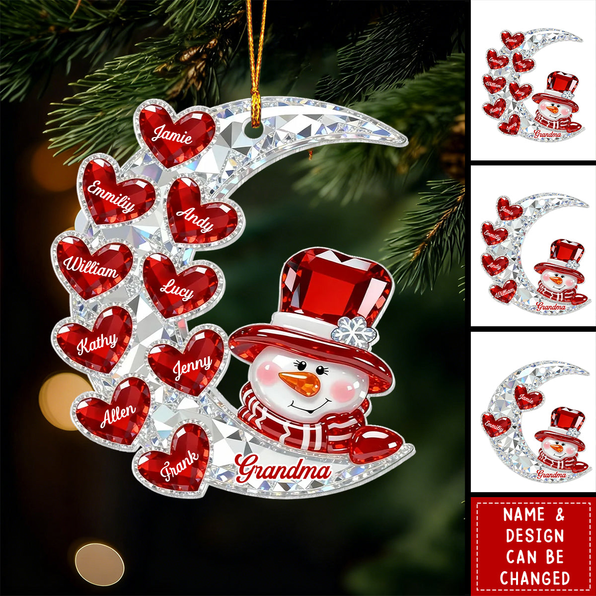 3D Crystal Effect Snowman Grandma On Moon Grandkids Hearts Names - Personalized Acrylic Ornament