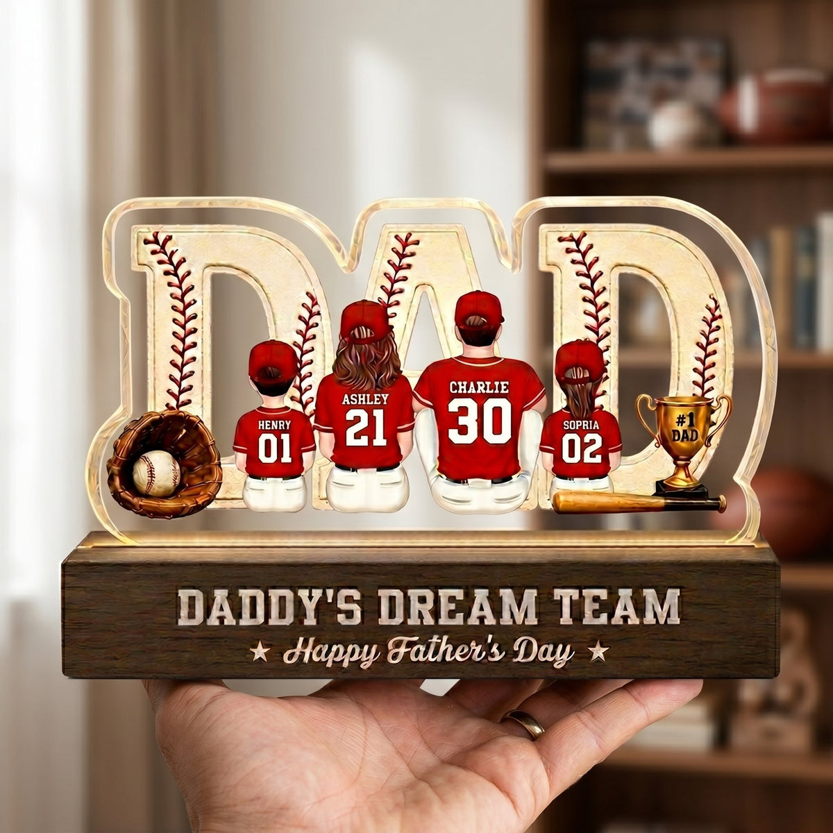 Baseball Family - Personalized Acrylic Block Plaque LED Night Light - Gift For Dad, Husband