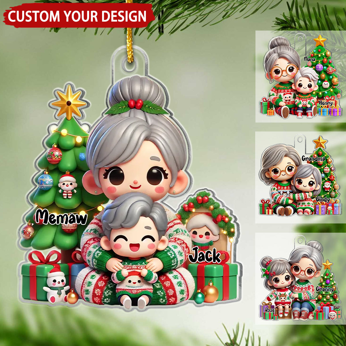 Cute Grandma Grandkid Christmas Tree And Gifts Personalized Acrylic Ornament