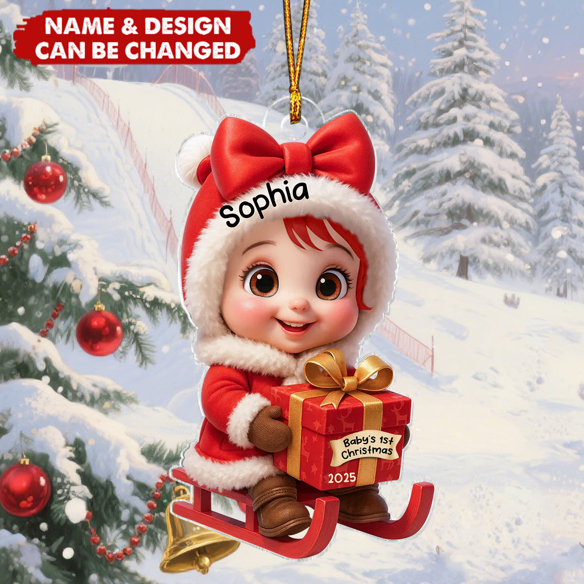 Baby Festive Cheer on a Sled Personalized Acrylic Christmas Ornament, 2025 Keepsake for Newborn