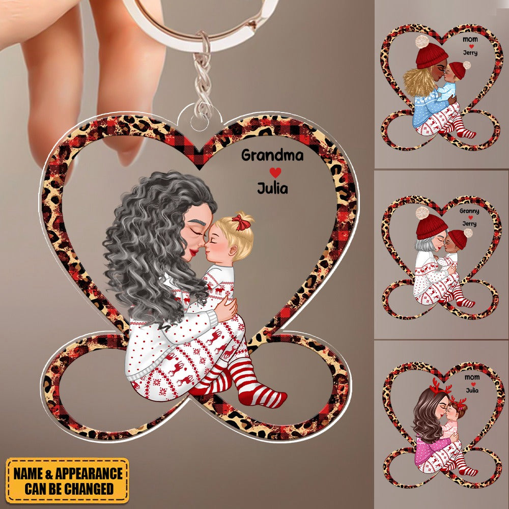 Grandma Mom Holding Kid Sitting On Heart Infinity Personalized Acrylic Keychain