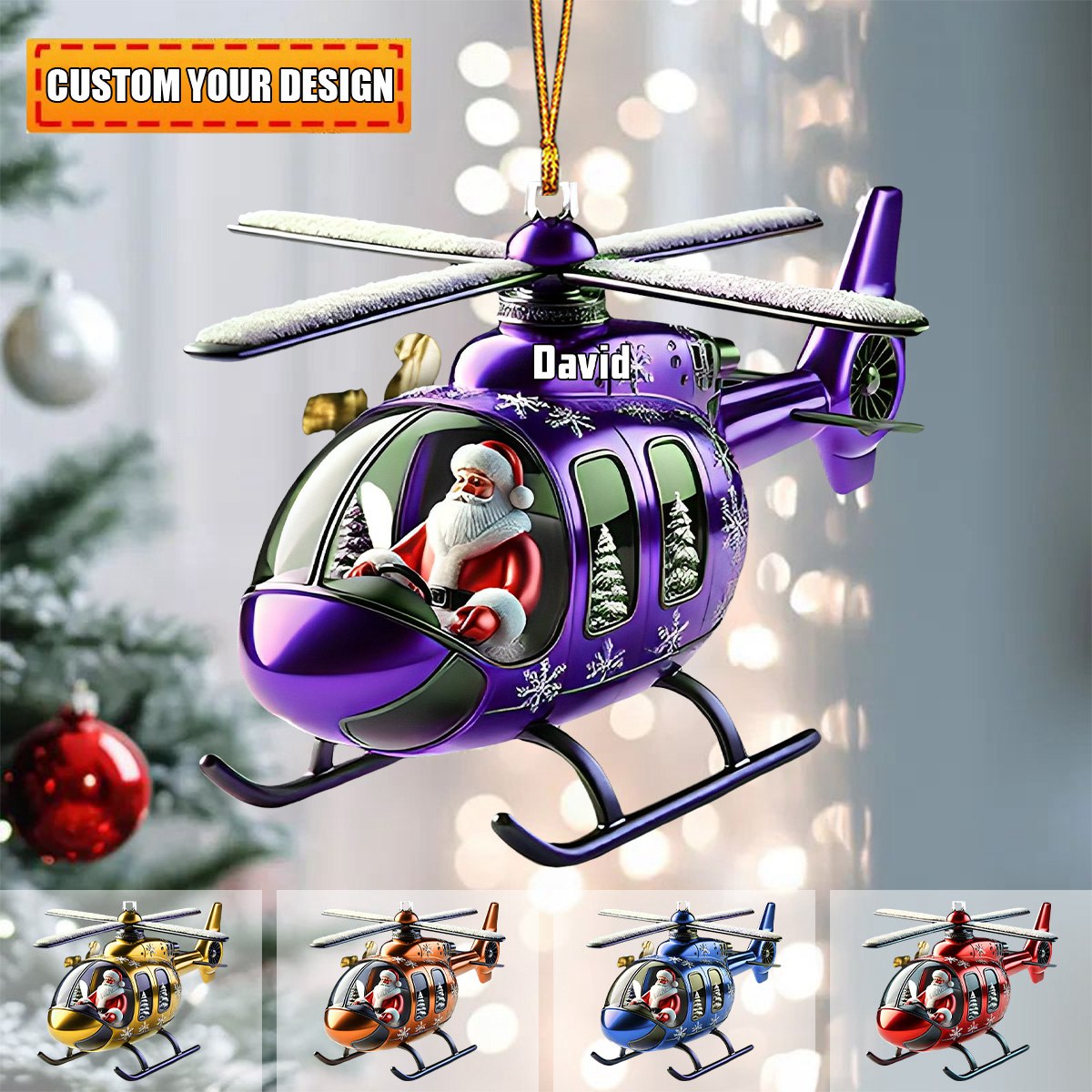 Custom Name Santa Helicopter Personalized Name Shaped Ornament