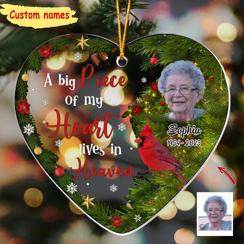 Memorial Upload Image Cardinal, A Big Piece Of My Heart Lives In Heaven Personalized Ornament