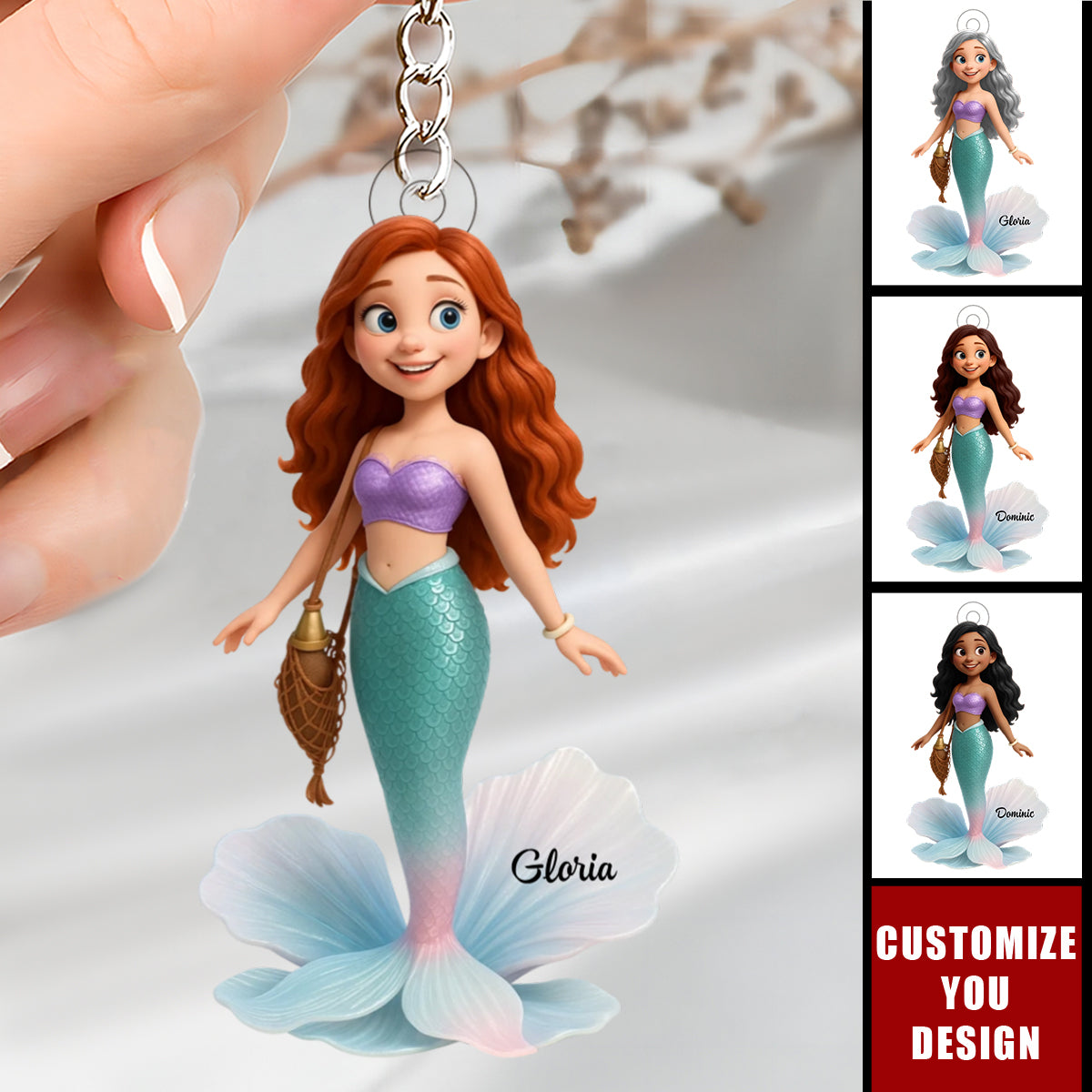 Pretty Cartoon Mermaid Personalized Acrylic Keychain, Gift For Her, Gift For Besties