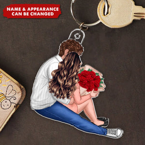 Couple Hugging Sitting Together - Personalized Couple Keychain