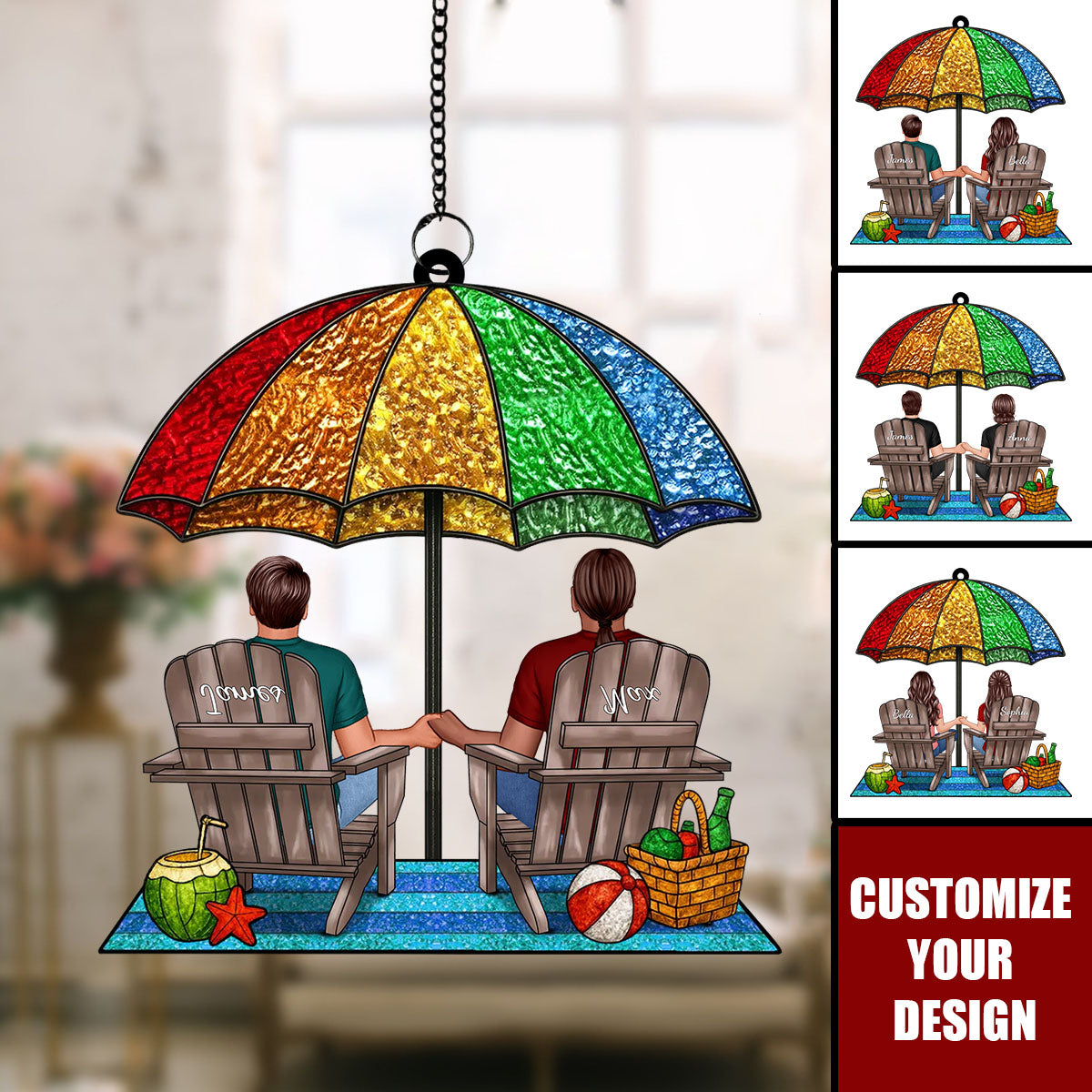 Under Beach Umbrella Happy Couple Personalized Suncatcher Ornament