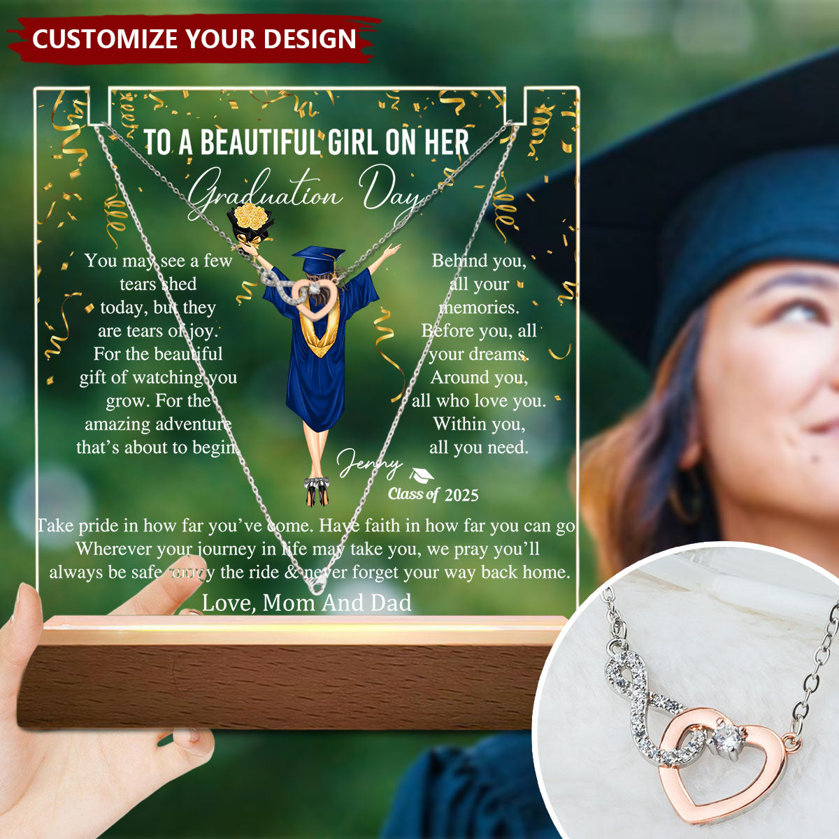 Graduation Gifts For Her - Personalized LED Light Acrylic Plaque With Infinity Necklace