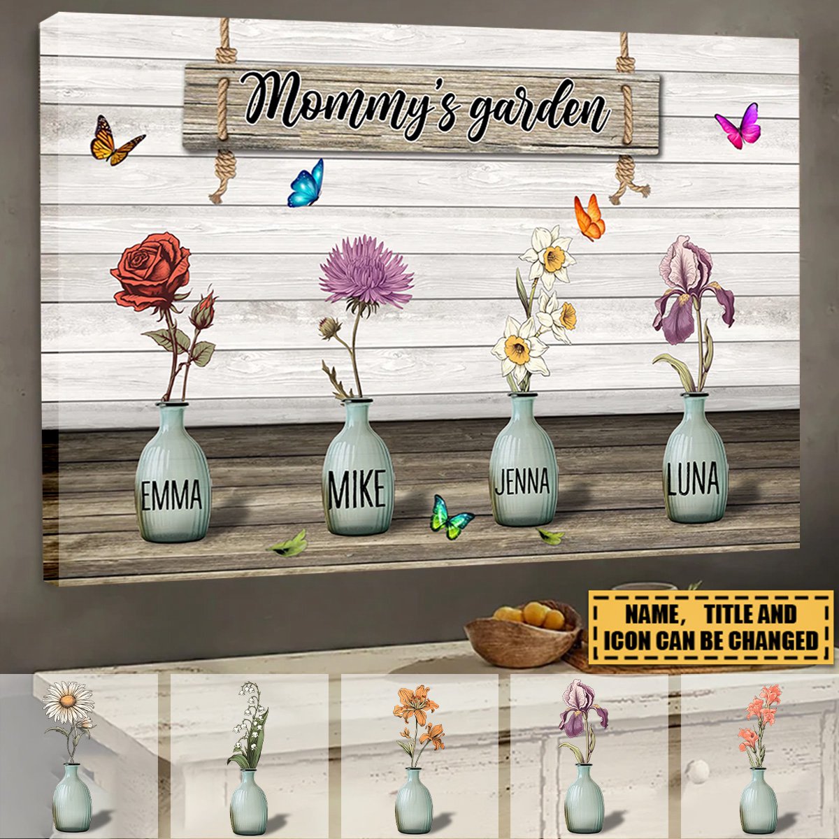 Grandma‘s Garden Birth Month Flowers Pots Personalized Horizontal Poster, Mother's Day Gift For Grandma, Mom, Auntie