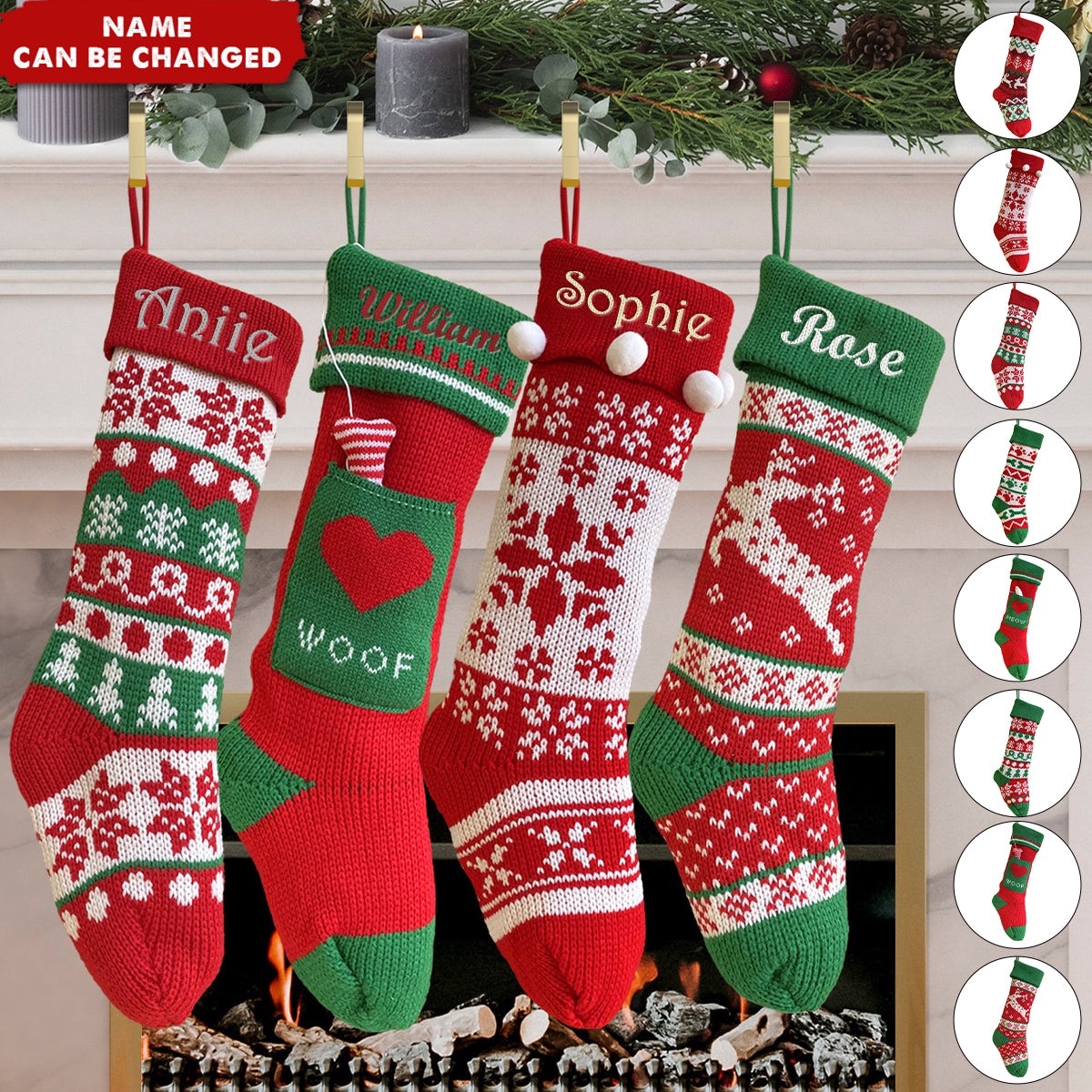 Fun Snowflake Family with Pets Cat, Mouse, Dog Bone Personalized Embroidered Knitted Christmas Stockings