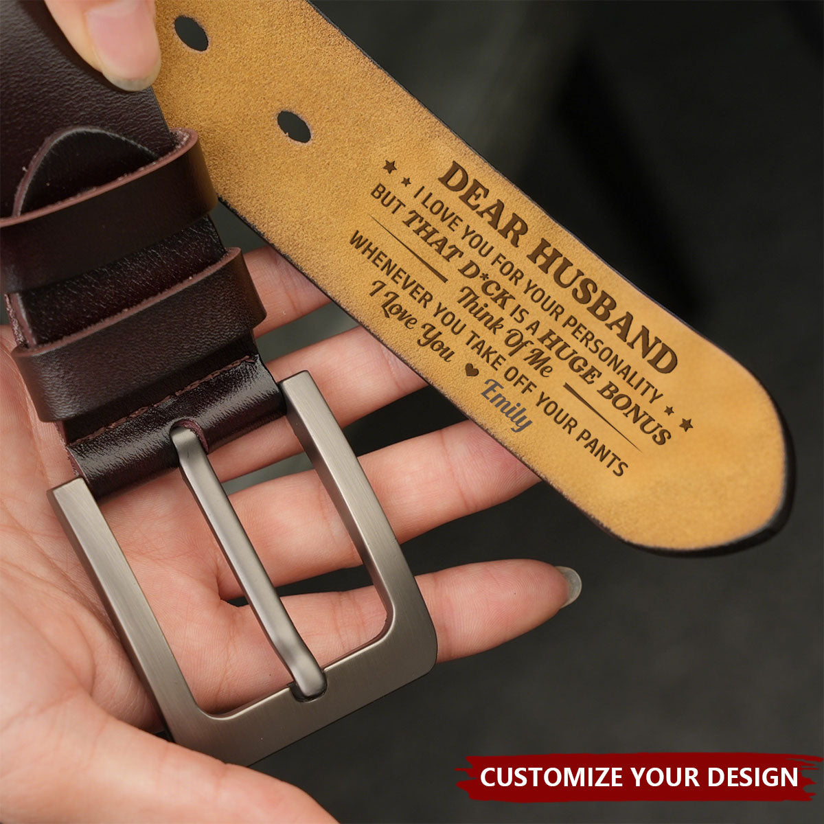 Think Of Me Whenever You Take Off Your Pants - Personalized Engraved Leather Belt