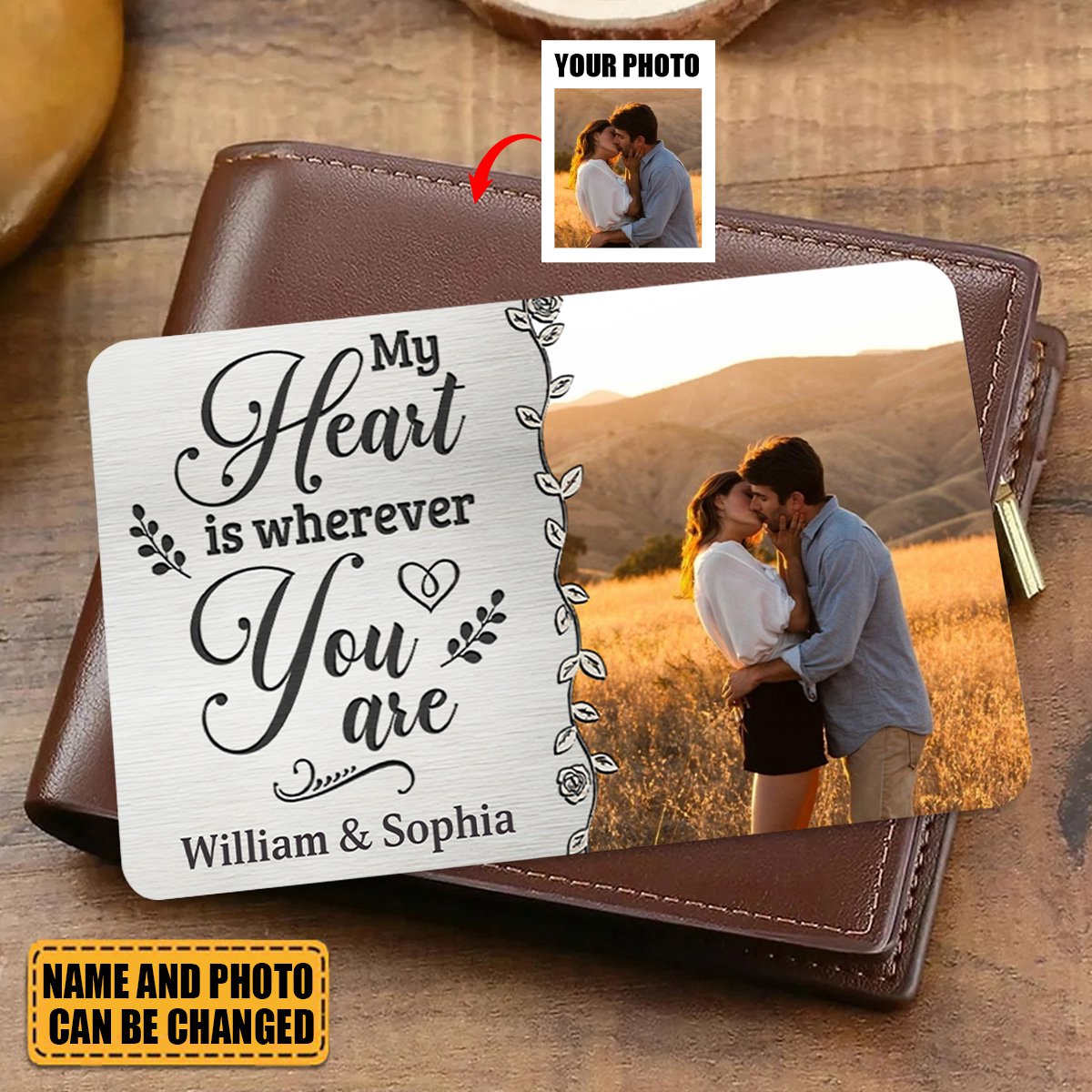 Custom Photo My Heart Is Wherever You Are - Couple Personalized Stainless Steel Wallet Card - Gift For Husband Wife, Anniversary