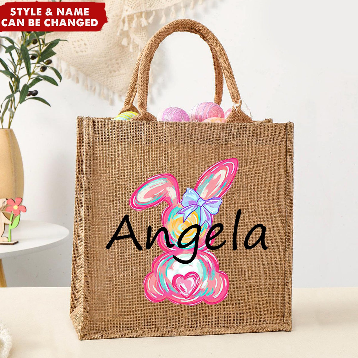 Personalized Egg Hunt Jute Tote Bag Easter Bunny Basket