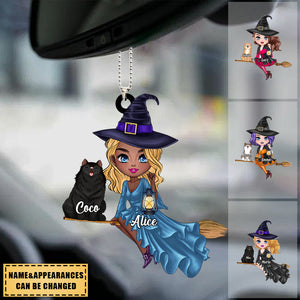 Witch Riding Broom Mystical Girl With Cute Cat Kitten Pet Personalized Car Ornament