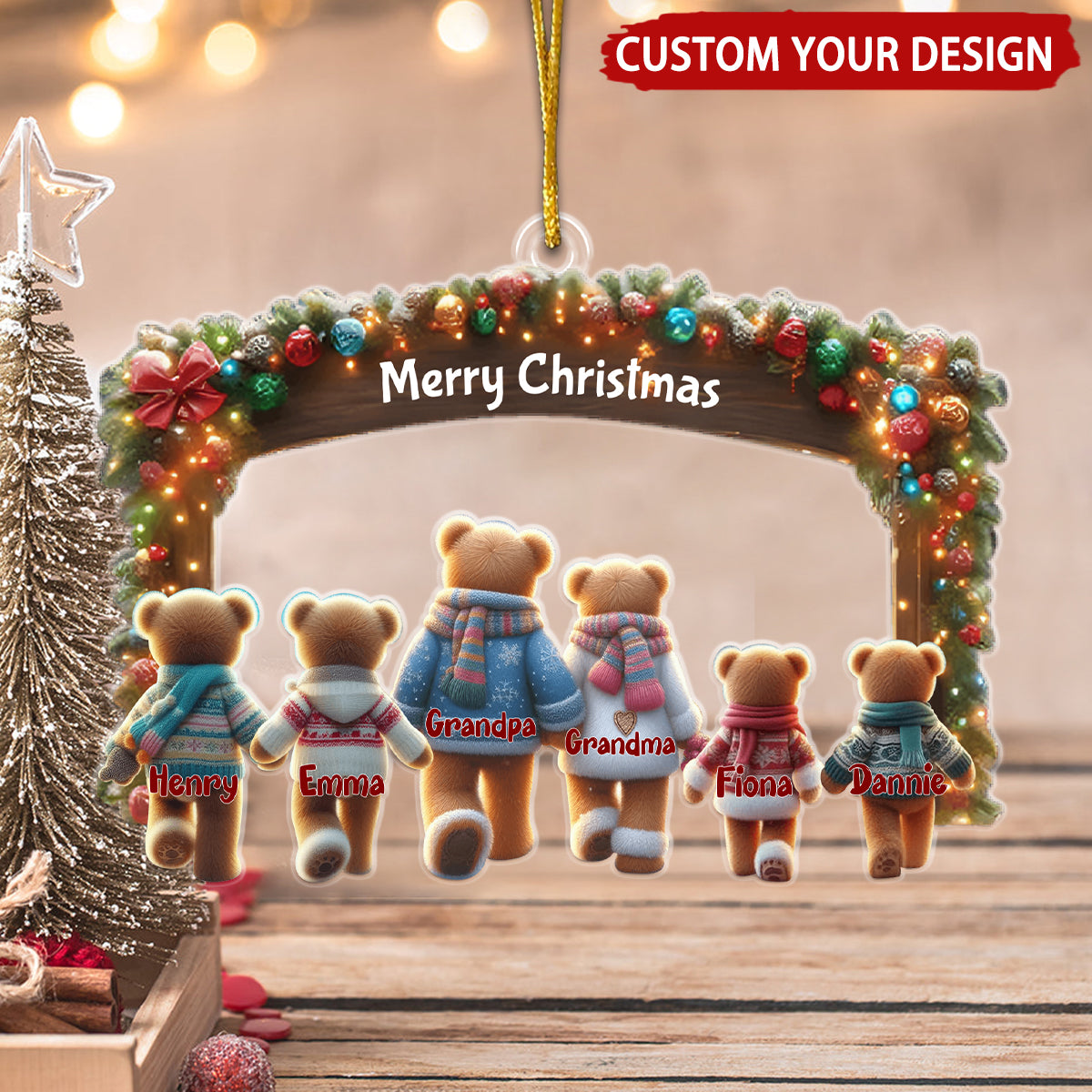 Bear Family Walking Hand In Hand Personalized Christmas Ornament