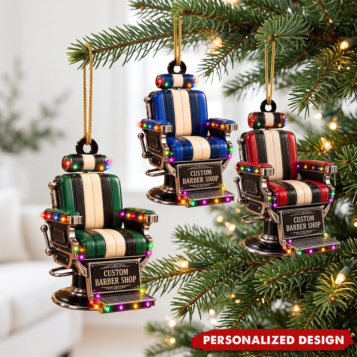 Custom Name Barber Chair Christmas Acrylic Ornament, Christmas Tree Hanging Decor