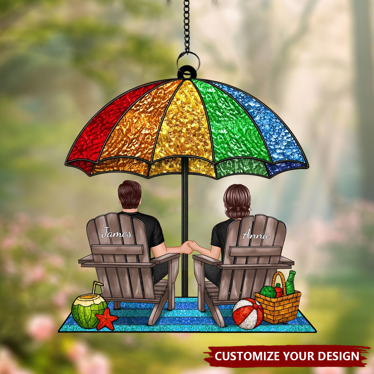 Under Beach Umbrella Happy Couple Personalized Suncatcher Ornament