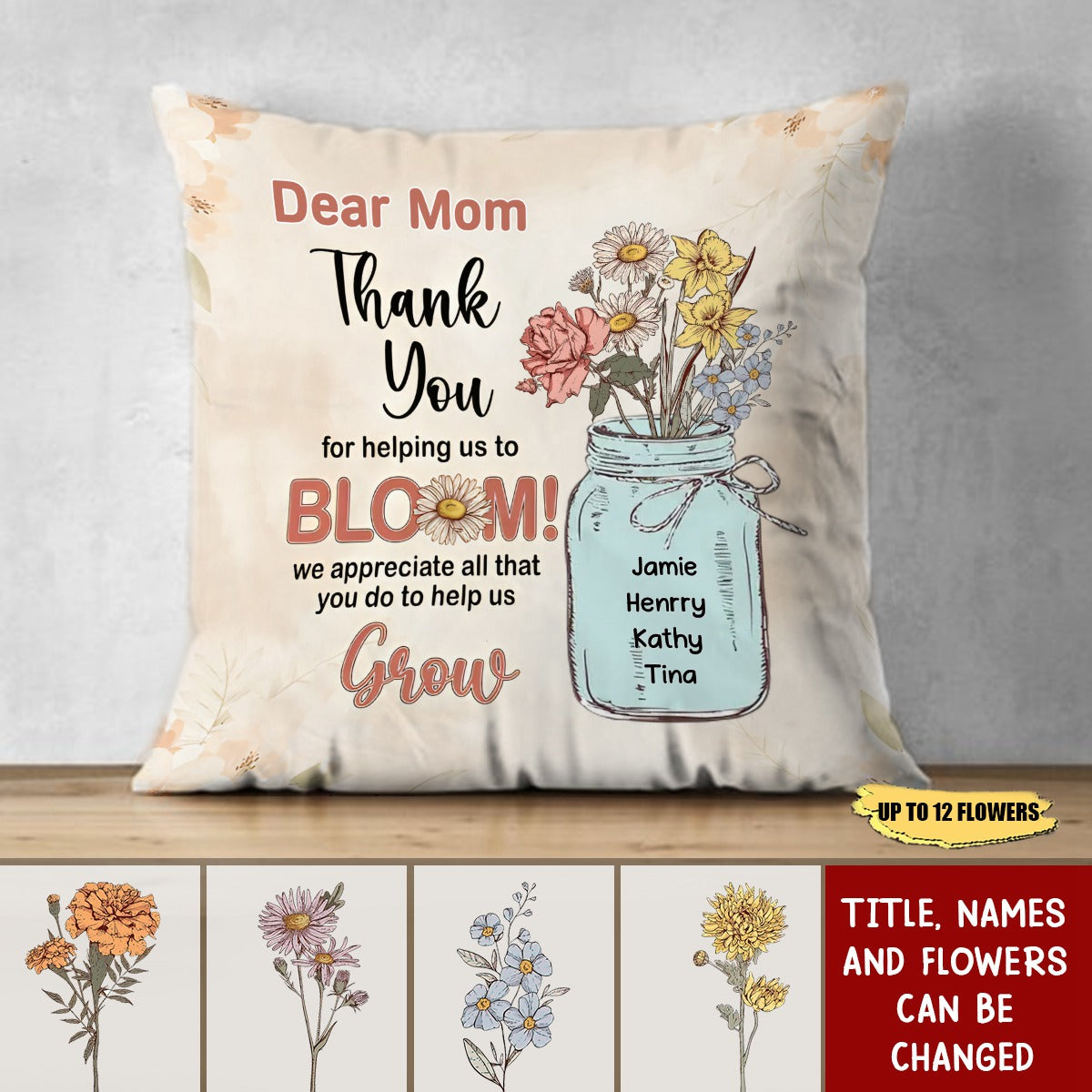 Flower Kids Jar, Dear Mom Grandma Thank You For Helping Us To Bloom -  Personalized Pillow