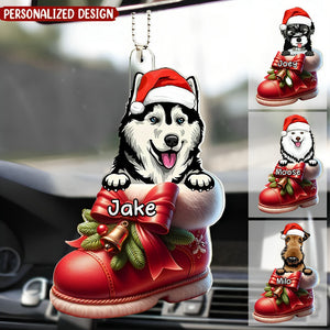 Cute Dog Puppy Pet On Christmas Boots Shoes Personalized Acrylic Car Ornament