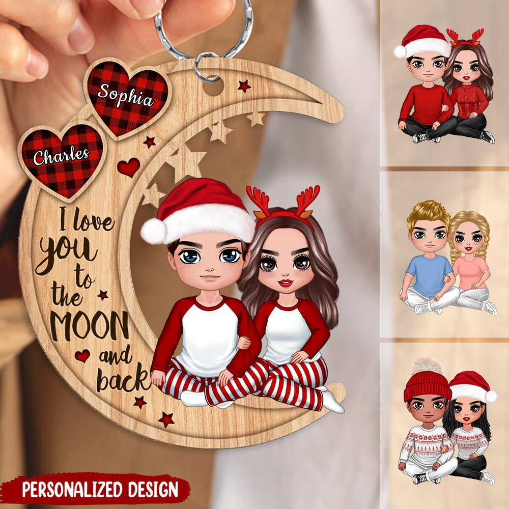 Christmas Doll Couple Sitting Hugging - Personalized Keychain