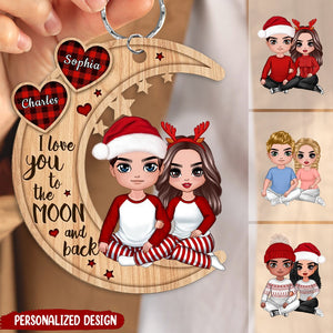 Christmas Doll Couple Sitting Hugging - Personalized Keychain