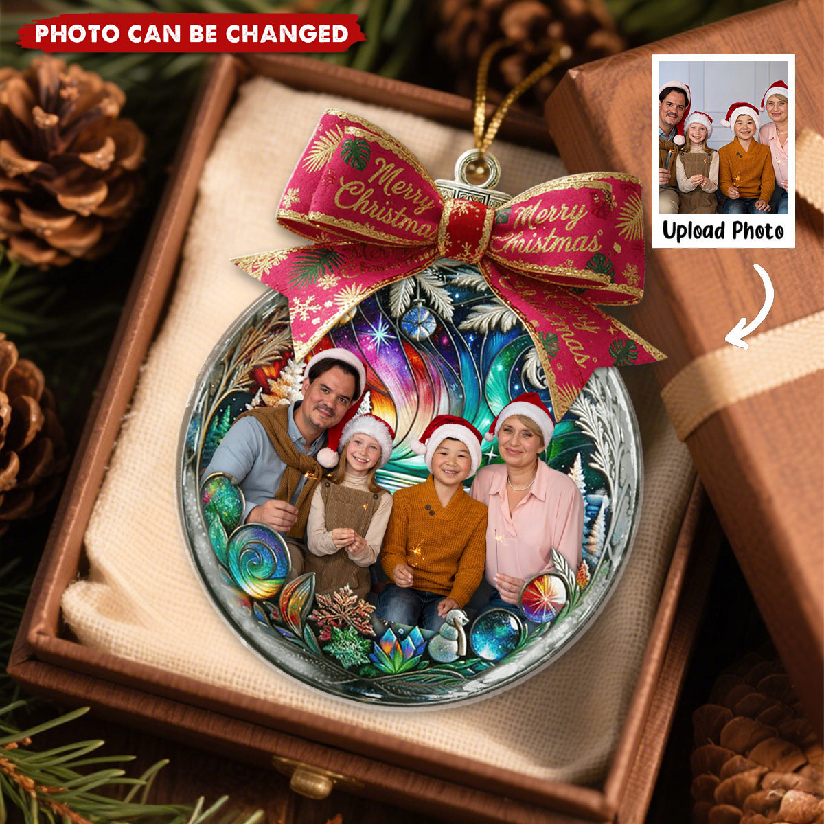 Custom Photo Family In Christmas Bow Ball - Personalized Christmas Acrylic Ornament